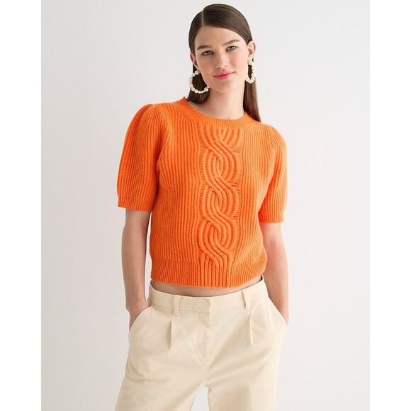 J. Crew Short Sleeve Wool-Cashmere Blend Cable-Knit Crewneck Sweater Orange - Picture 1 of 9